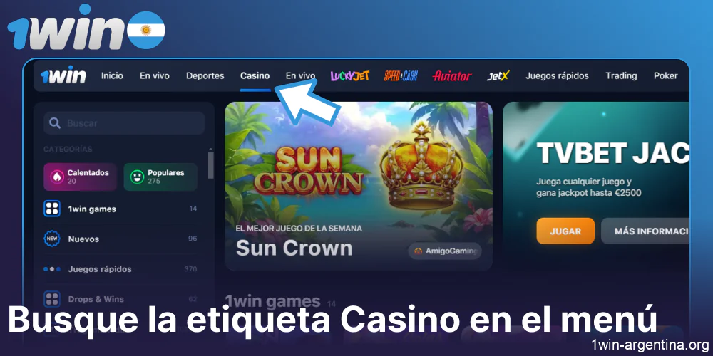 Busque la etiqueta Casino en el menú en 1win