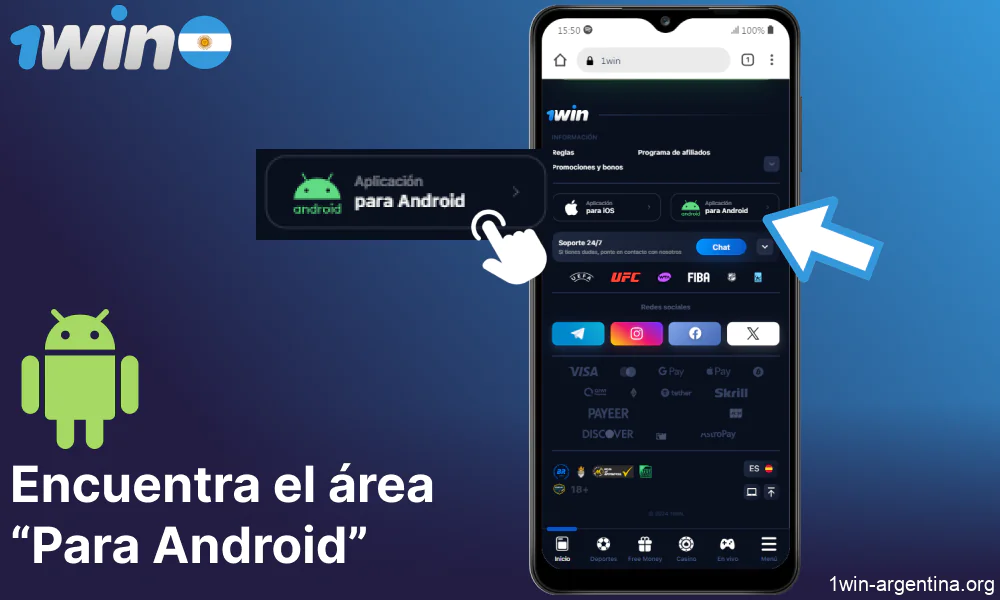 Encuentra el área “Para Android” en el sitio web de 1win