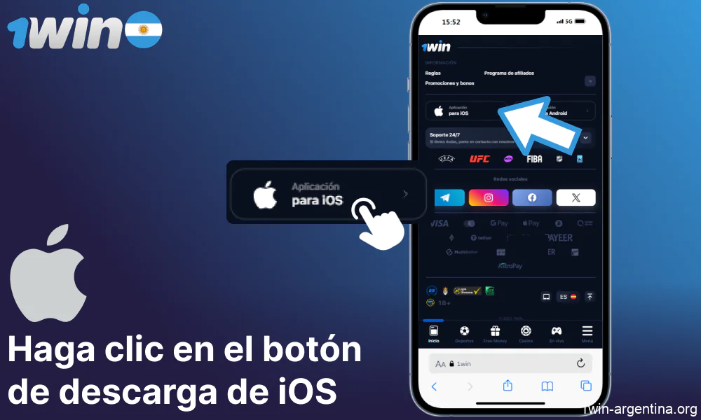Haga clic en el botón de descarga de 1win app para iOS