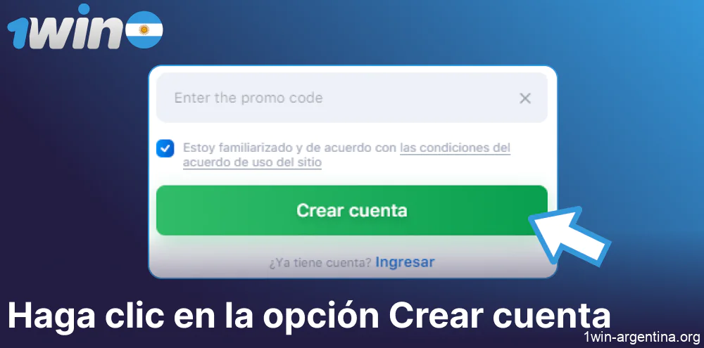 Haga clic en la opción Crear cuenta en el sitio web de 1win