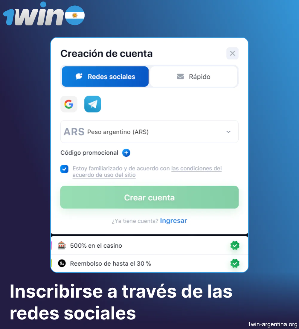 Instrucciones de registro en 1win a través de redes sociales para jugadores de Argentina