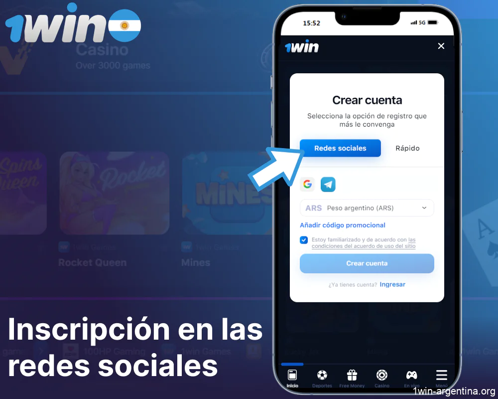 Guía para registrarse en la aplicación móvil 1win a través de las redes sociales