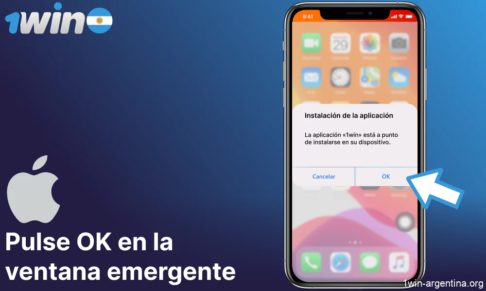 Pulse OK en la ventana emergente para instalar la aplicación 1win