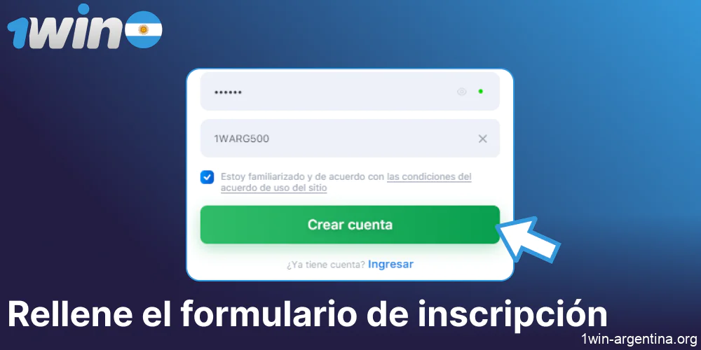 Rellene el formulario de inscripción en el sitio 1win